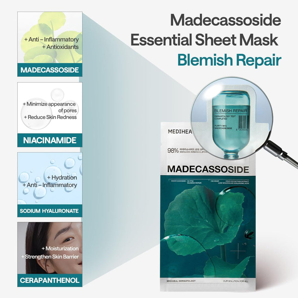 Mediheal Madecassoside Essential Sheet Mask close-up of serum absorption on skin.