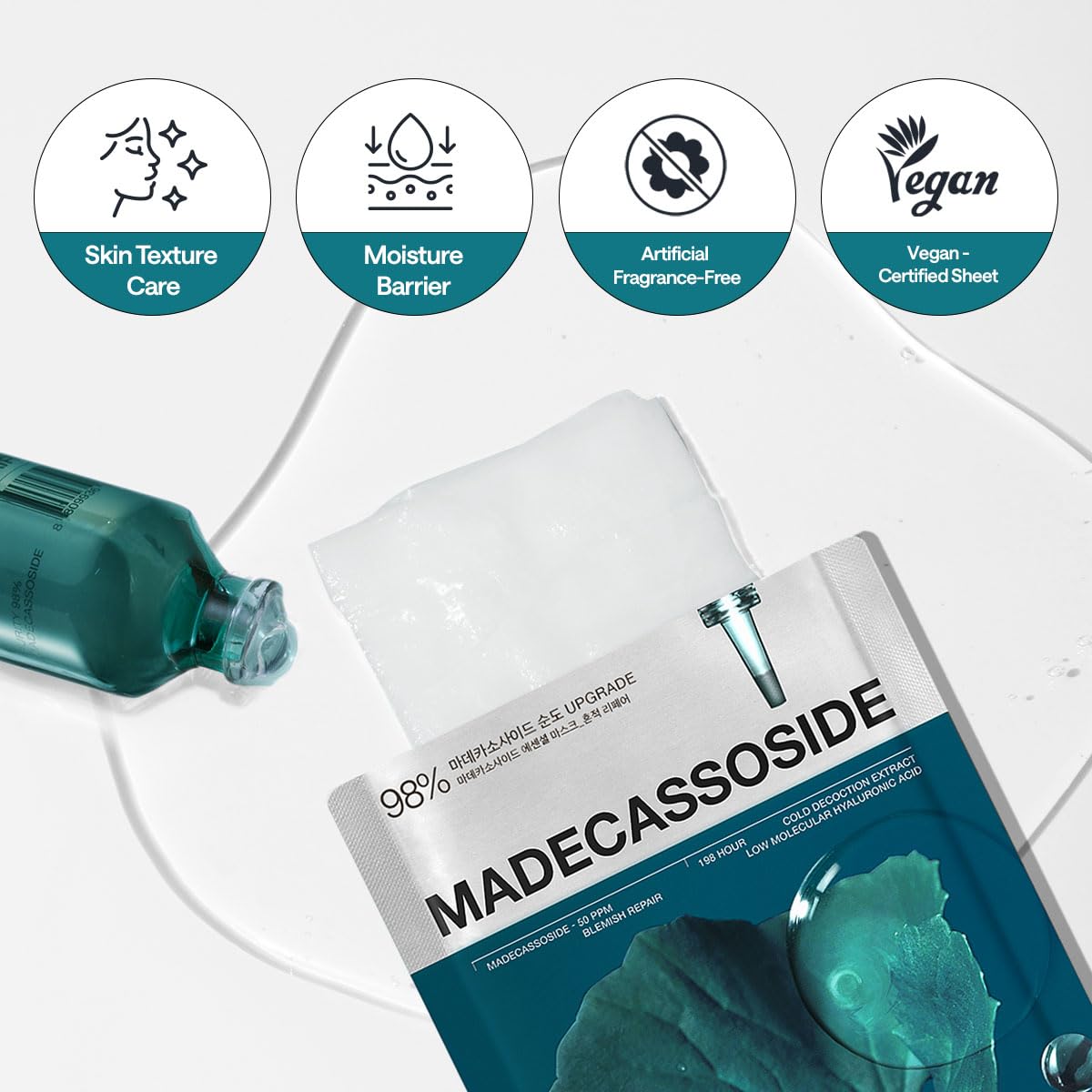 Mediheal Madecassoside Essential Sheet Mask sheet-on-face during a calming routine.