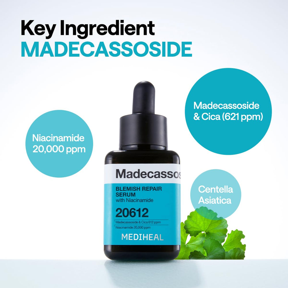 Mediheal Madecassoside Repair Serum glass bottle with surface hydration droplets.