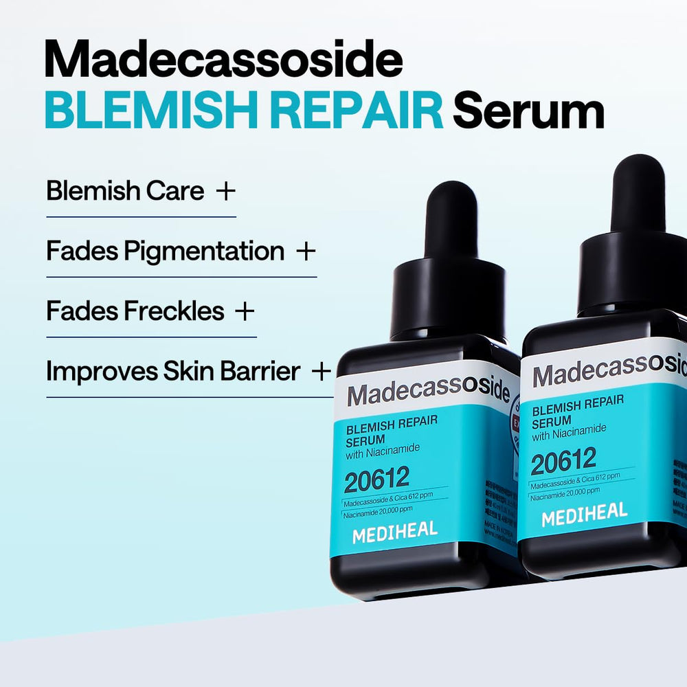 Mediheal Madecassoside Repair Serum ingredient label shows Centella Asiatica and Niacinamide.