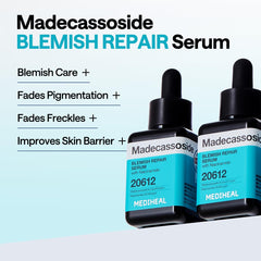 Mediheal Madecassoside Repair Serum ingredient label shows Centella Asiatica and Niacinamide.