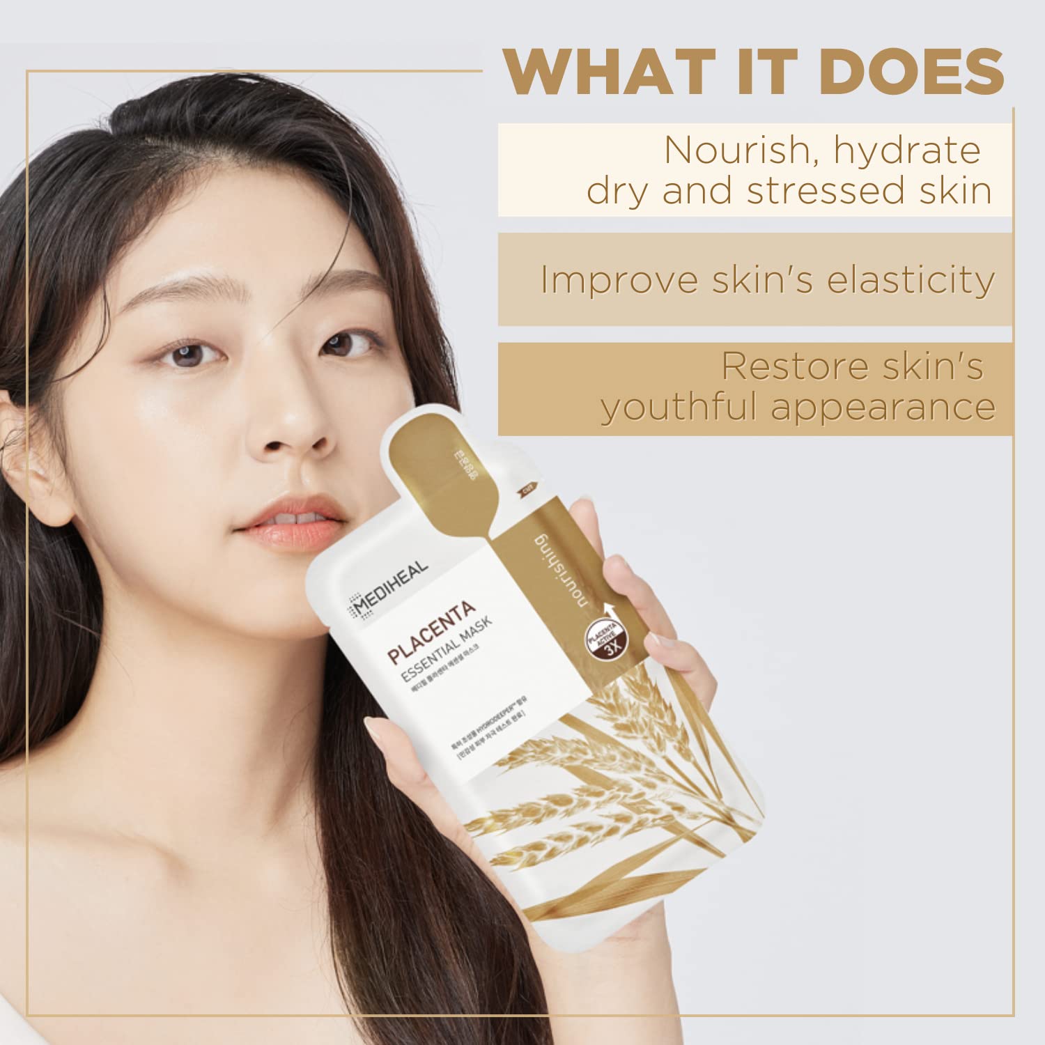 Mediheal Placenta Essential sheet mask drapes on the face for even hydration.