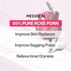 Mediheal Rose PDRN Essential Sheet Mask applied on face shows full-coverage hydration.