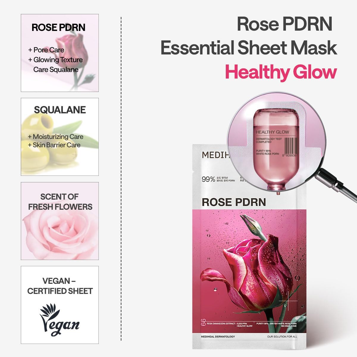 Mediheal Rose PDRN Essential Sheet Mask ingredients include rose PDRN and hyaluronic acid.