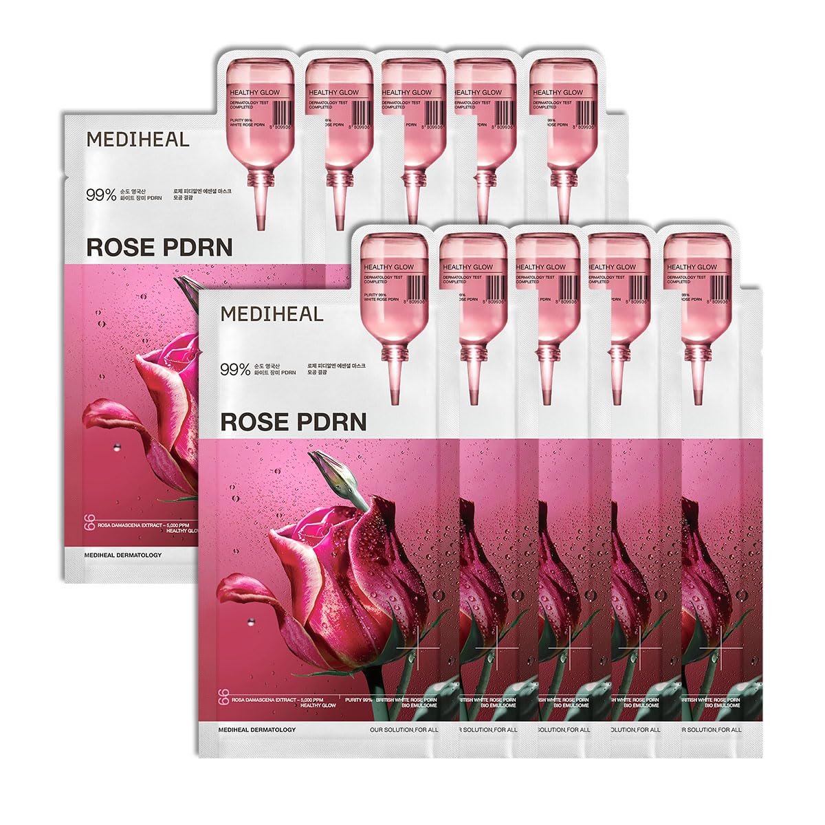 Mediheal Rose PDRN Essential Sheet Mask pack shot highlights hydration.