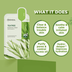 Mediheal Tea Tree Mask sheet close-up showing biodegradable sheet for gentle, eco-friendly skin care