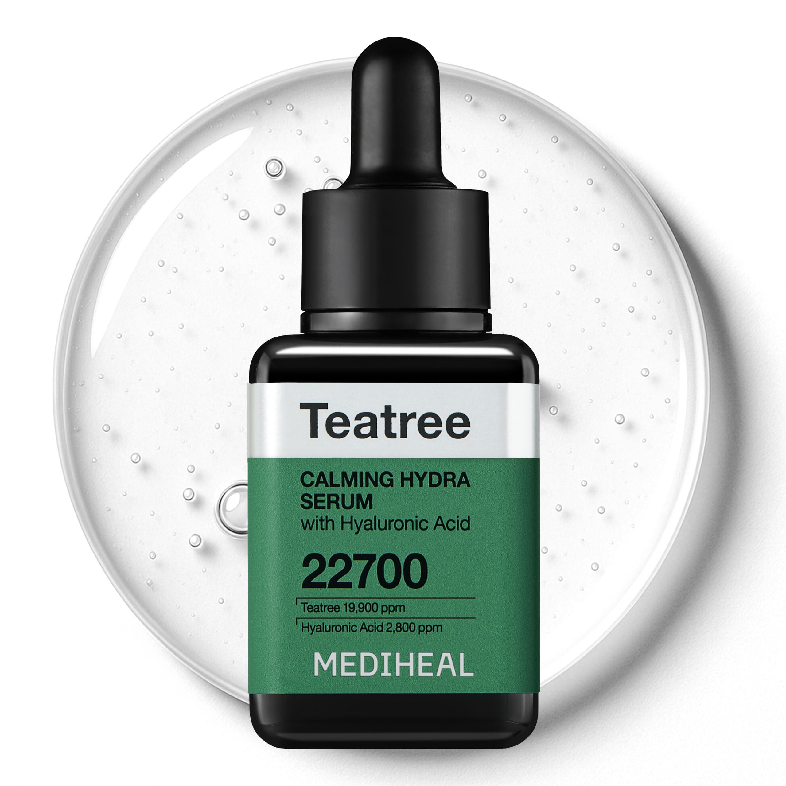 Mediheal Teatree Calming Serum bottle showing soothing hydration for irritated skin