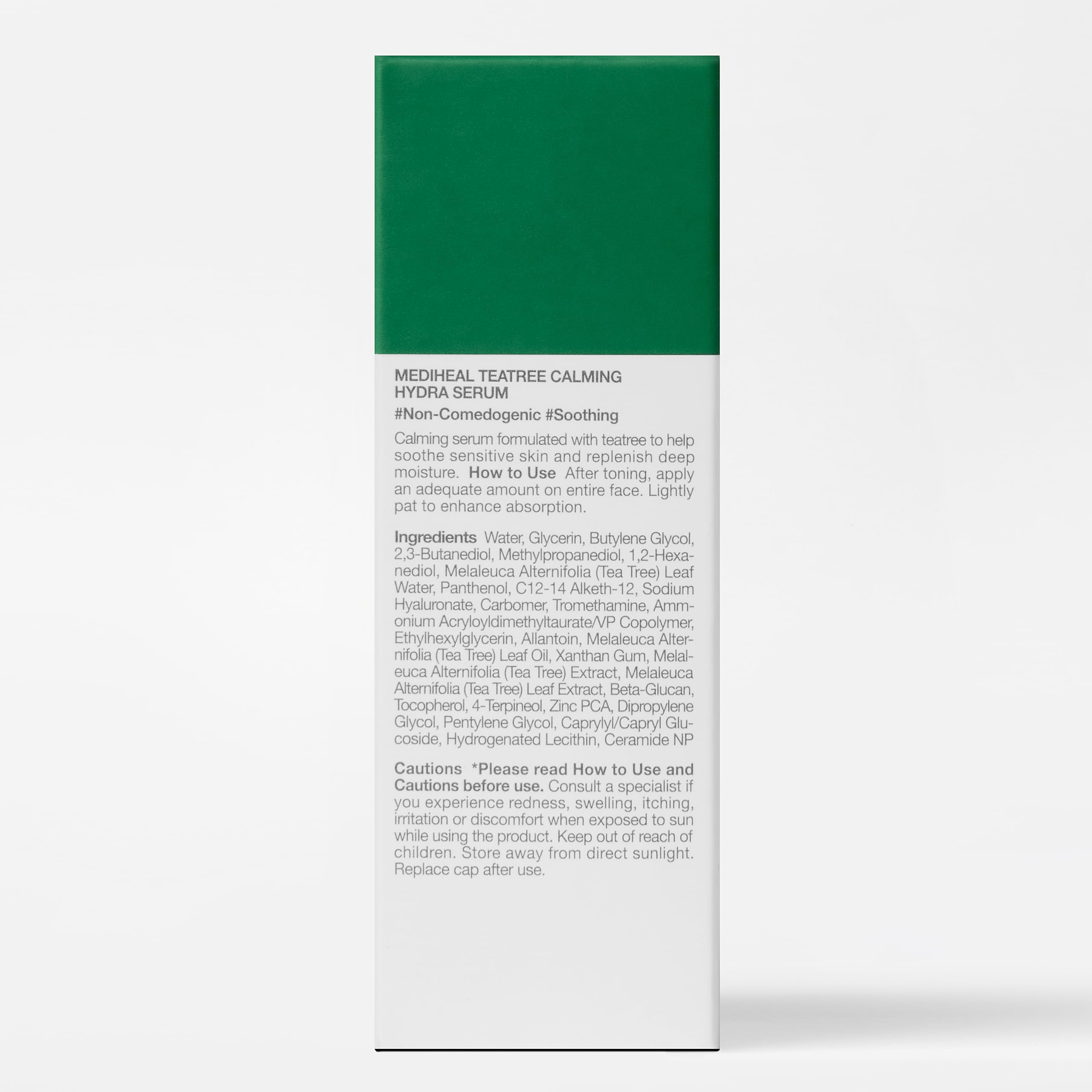 Mediheal Teatree Calming Serum packaging on display highlights eco-friendly design