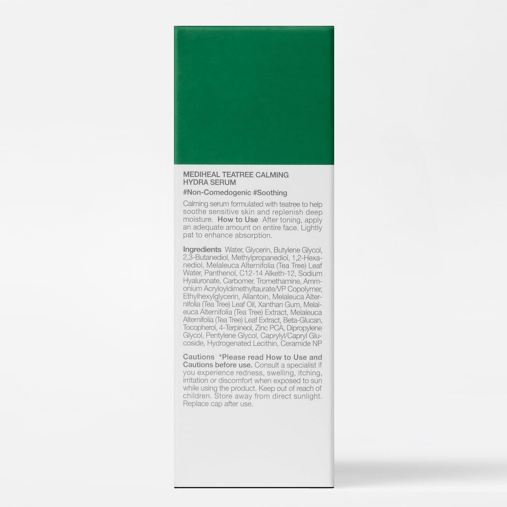 Mediheal Teatree Calming Serum packaging on display highlights eco-friendly design