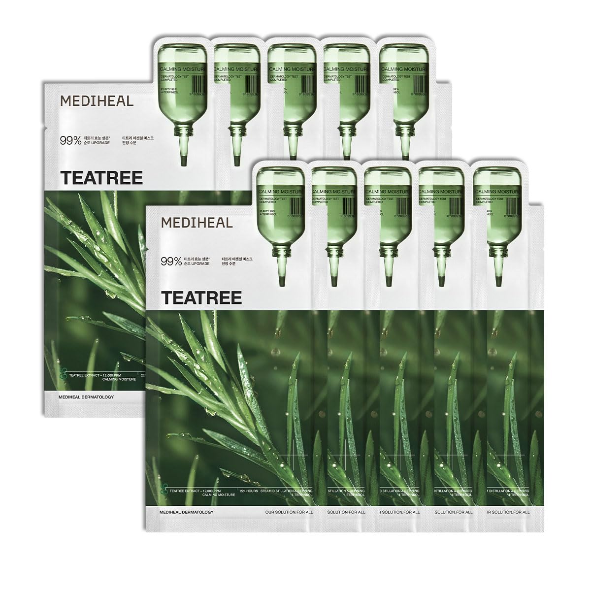 Mediheal Teatree Essential Sheet Mask pack closeup shows vegan hydration promise.