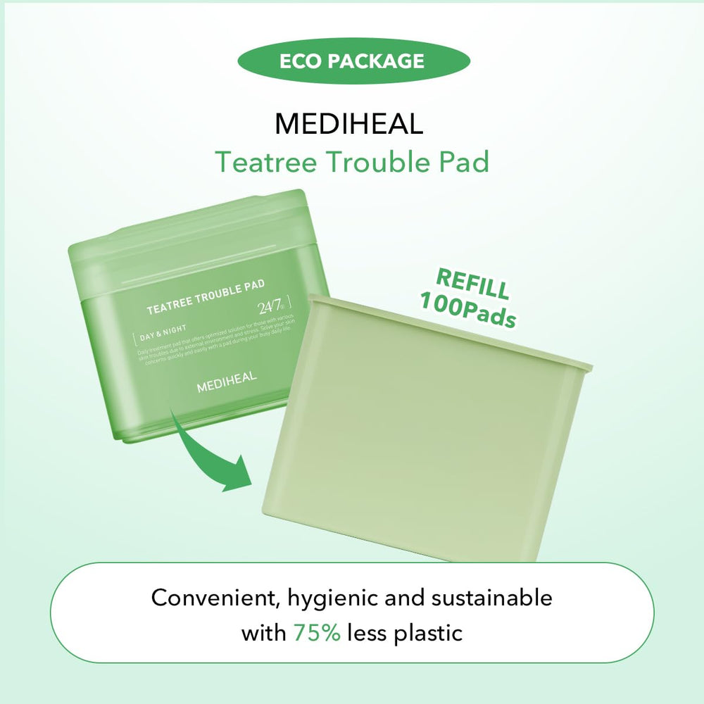 Mediheal Teatree Trouble Pad close-up highlights soft, lint-free cotton for irritation relief.