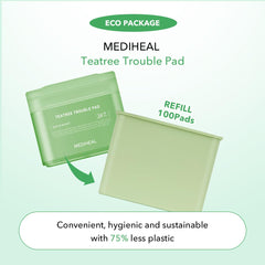Mediheal Teatree Trouble Pad close-up highlights soft, lint-free cotton for irritation relief.