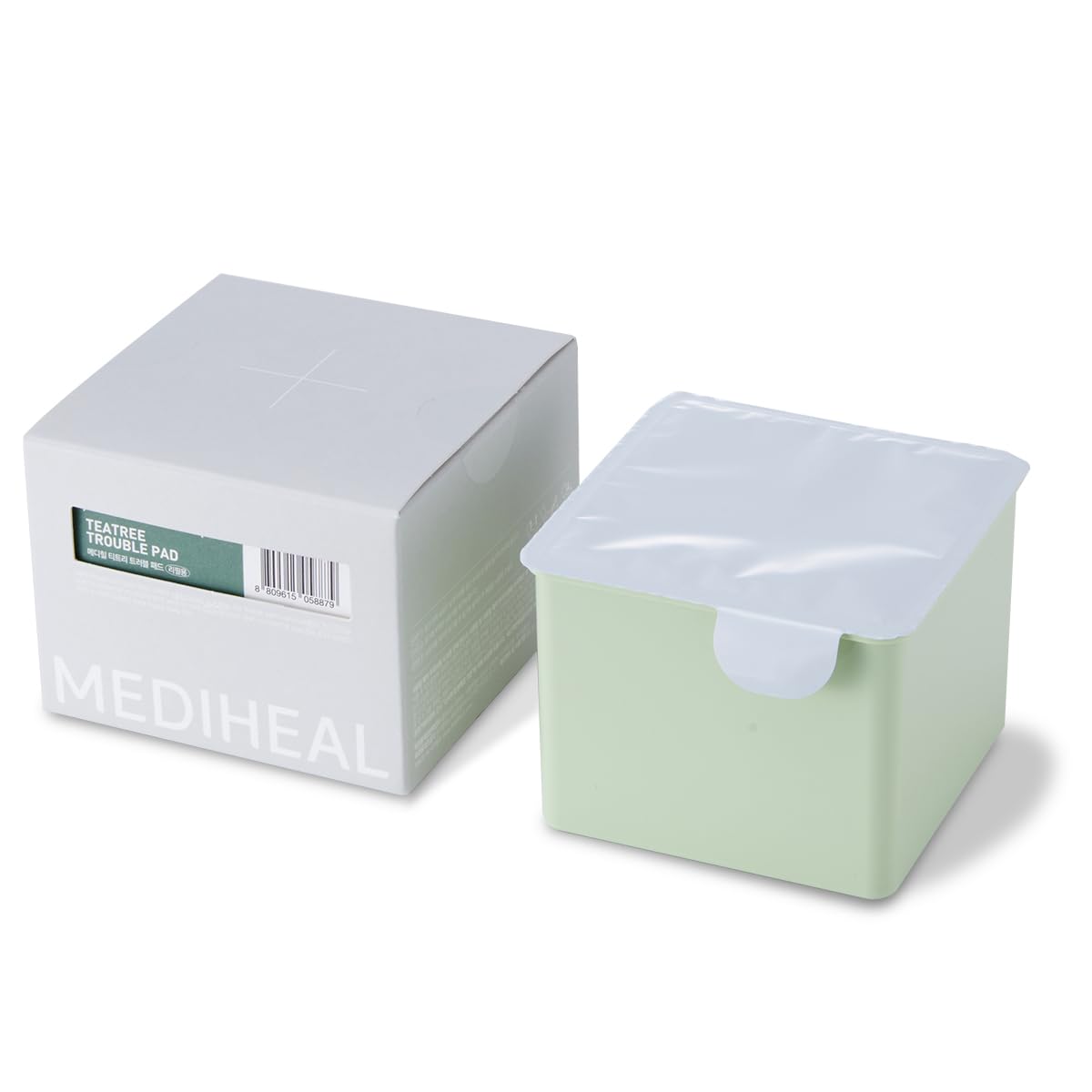 Mediheal Teatree Trouble Pad pack shot showcasing vegan gauze pads for calm, acne-prone skin.