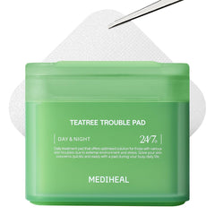 Mediheal Teatree Trouble Pad packaging highlights vegan, dermatologist-tested toner for calm, clear skin.