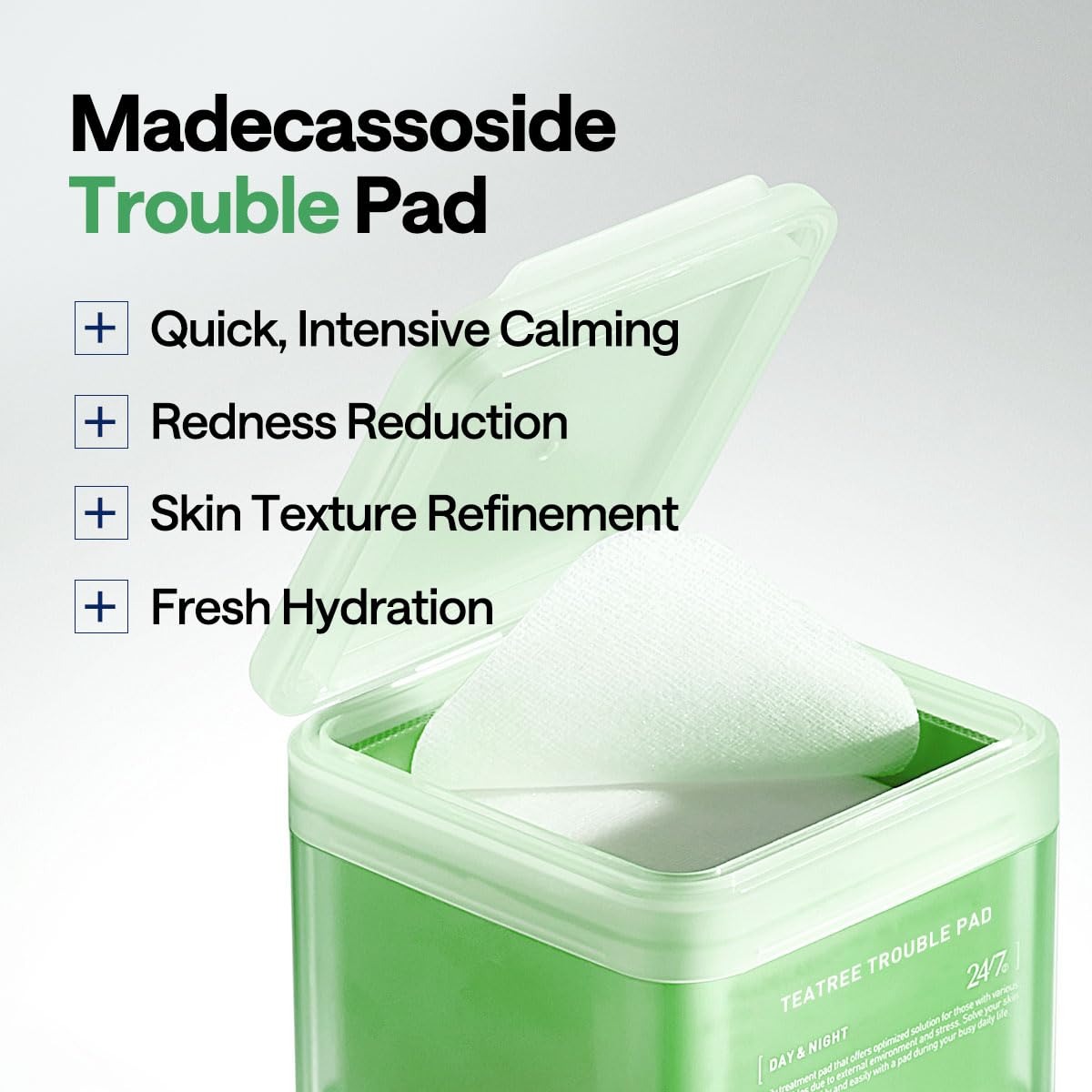Mediheal Teatree Trouble Pad tea tree extract closeup hints at soothing, oil-control benefits.