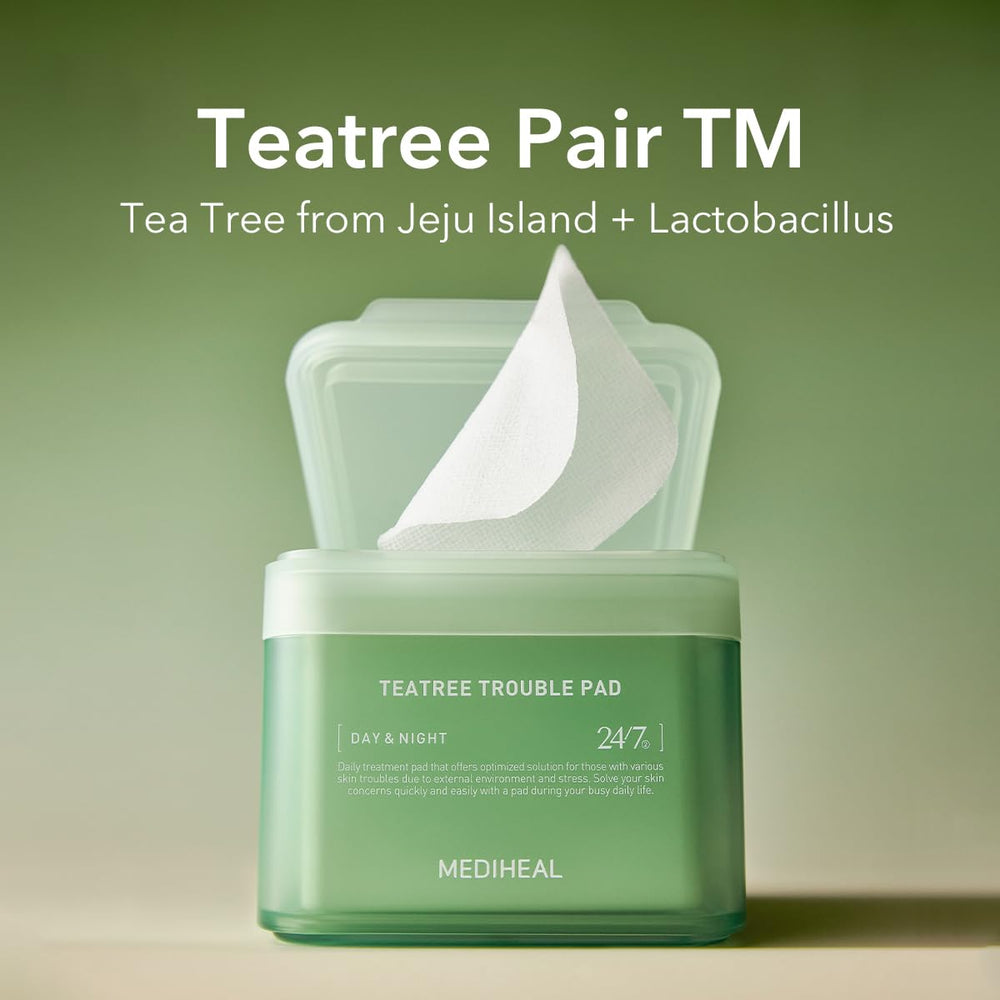 Tea tree leaves with Mediheal pad indicating natural calming ingredients.