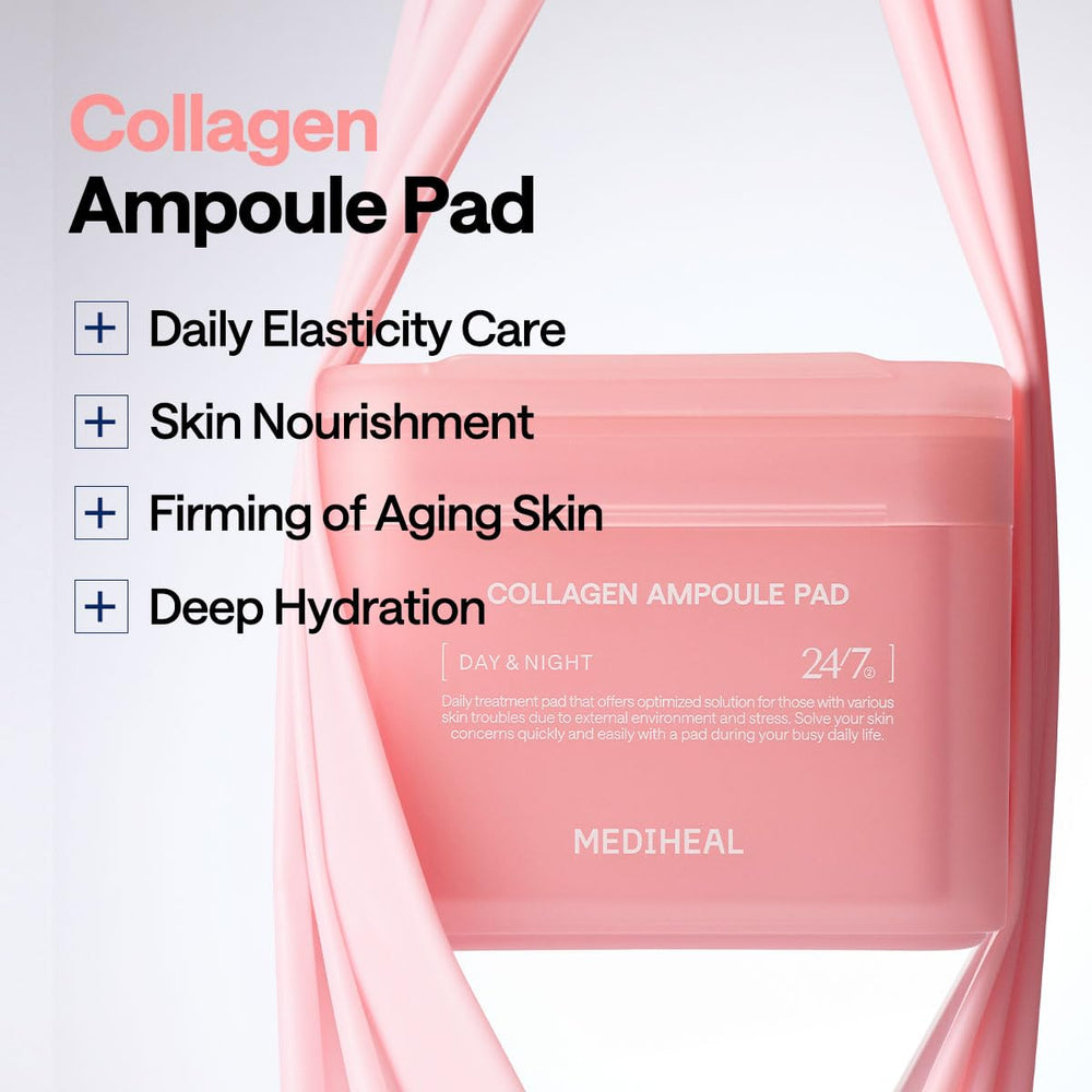 Mediheal Toner Pads apply swipes illustrating quick, convenient day-to-night skincare.