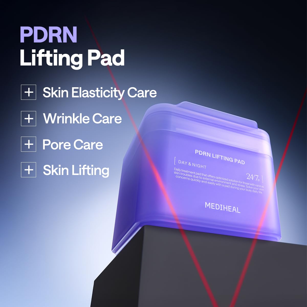Mediheal toner pads day-night usage scene for quick skin refresh.