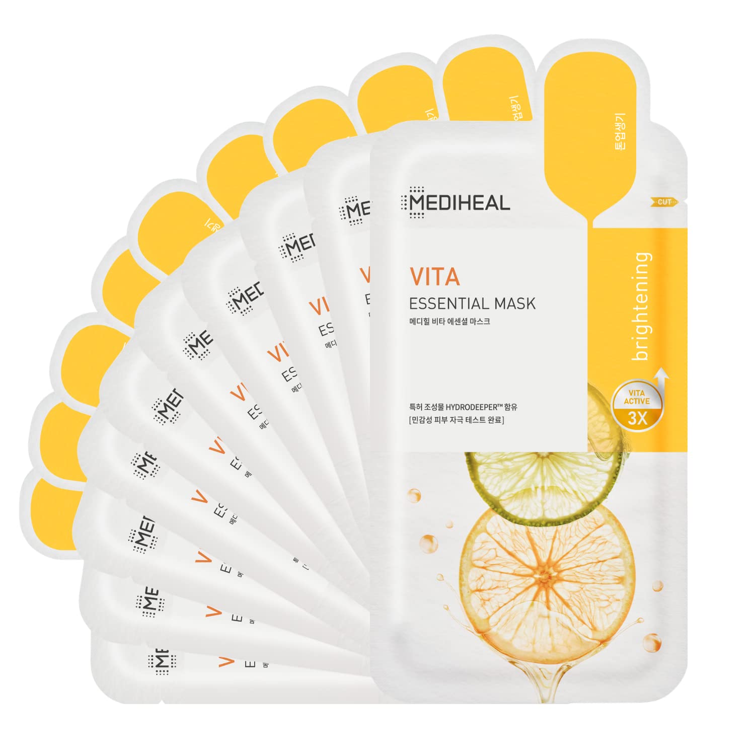 Mediheal Vita Essential face mask pack with 10 sheets for brighter, radiant skin.