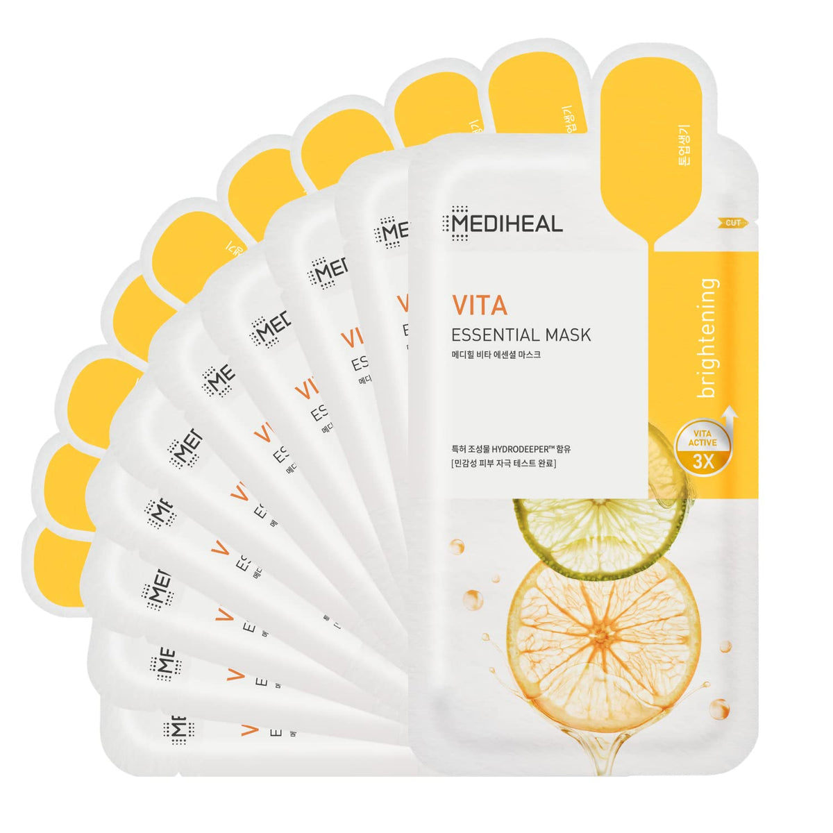 Mediheal Vita Essential face mask pack with 10 sheets for brighter, radiant skin.