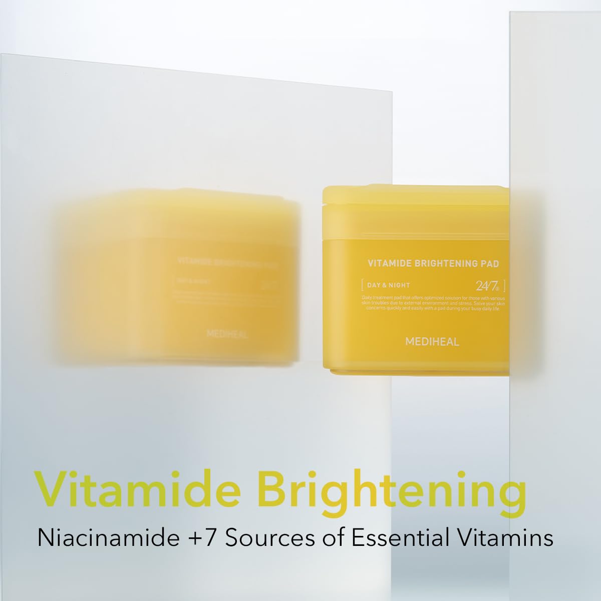 Mediheal Vitamide Brightening Pad refill pads on the skin demonstrate a gentle brightening application.