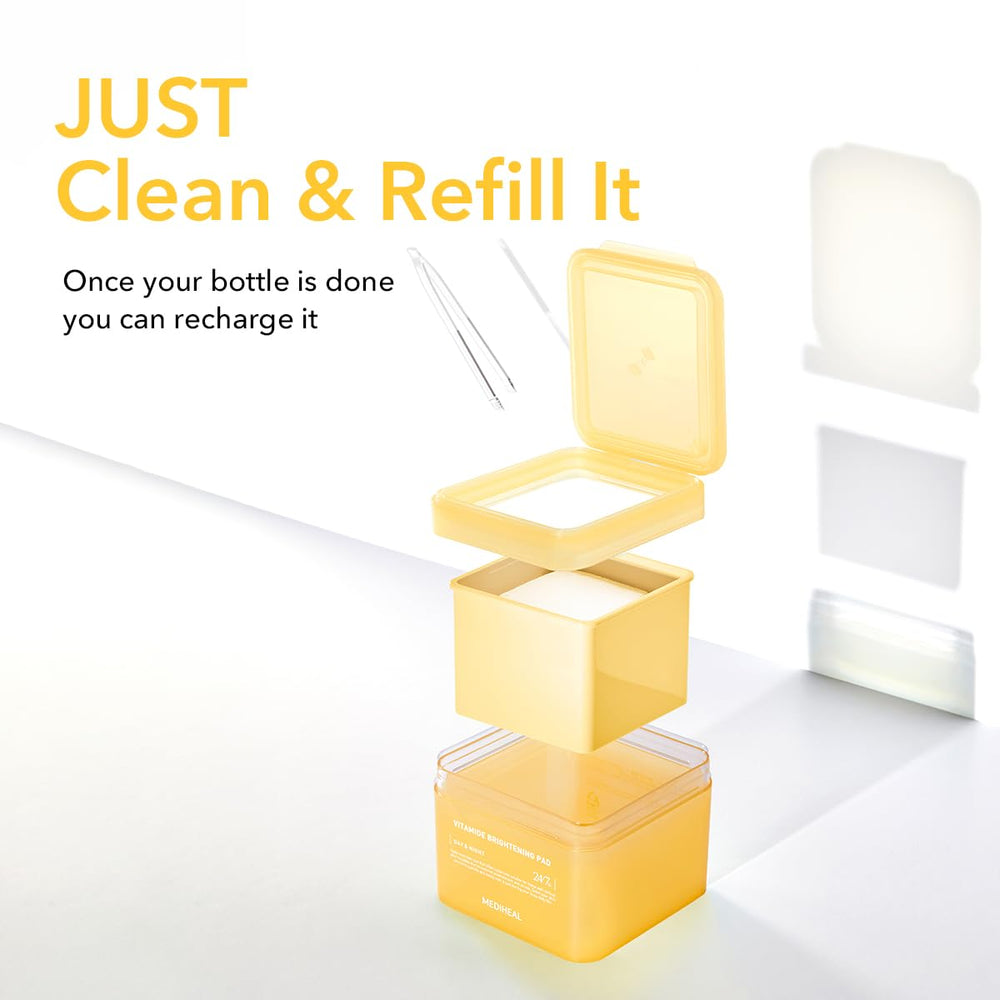 Mediheal Vitamide Brightening Pad refill vegan-certified label signals hypoallergenic skincare.