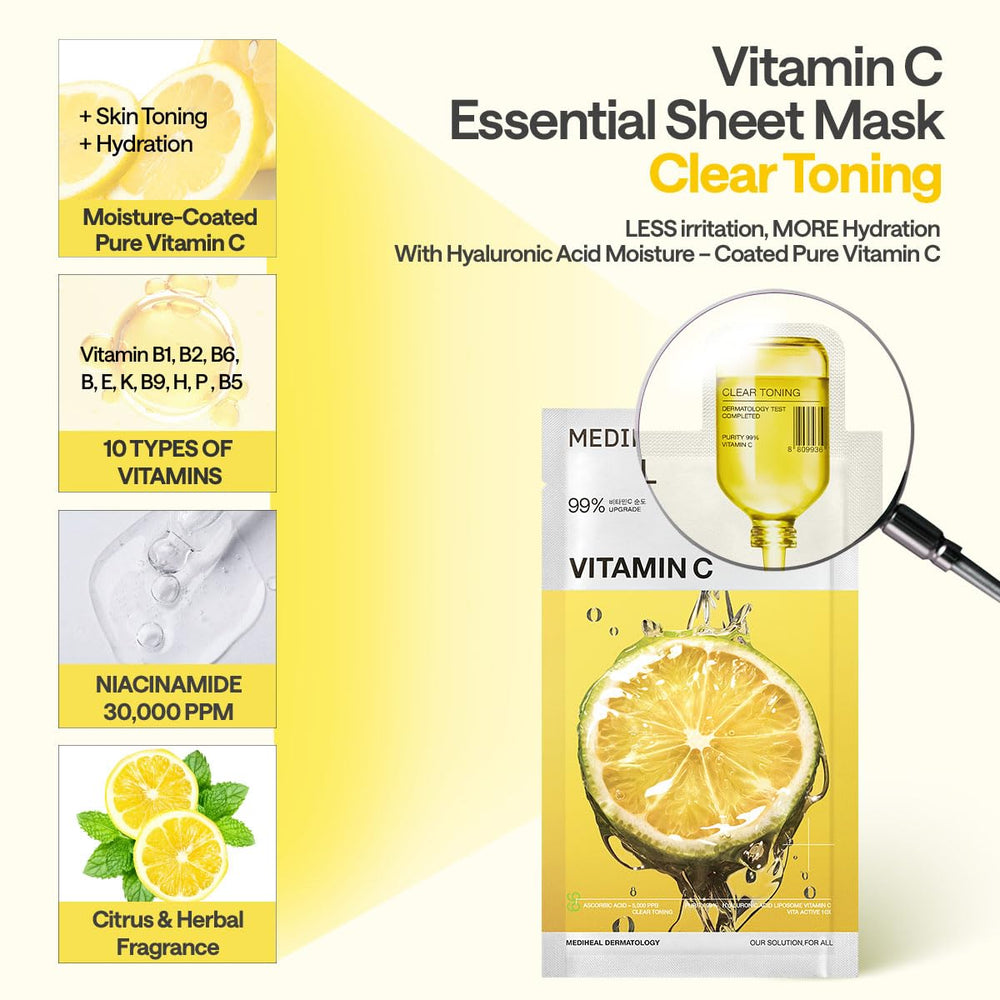 Mediheal Vitamin C Essential Sheet Mask pack packaging emphasizes vegan formula and 10 Vita Actives