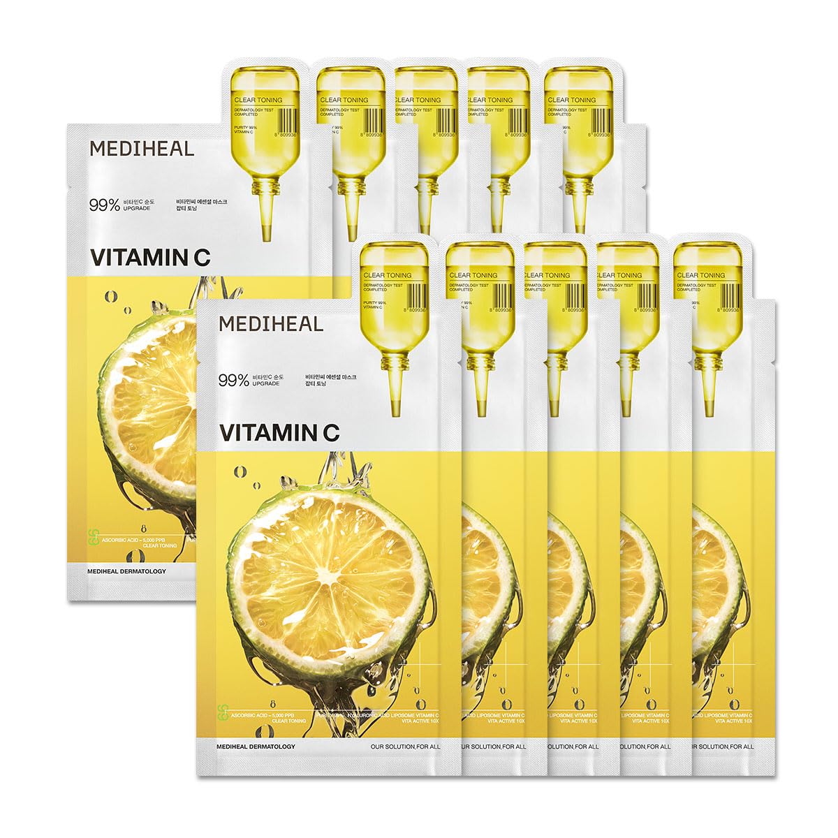 Mediheal Vitamin C Essential Sheet Mask pack front highlights vegan formula for bright, even-toned skin