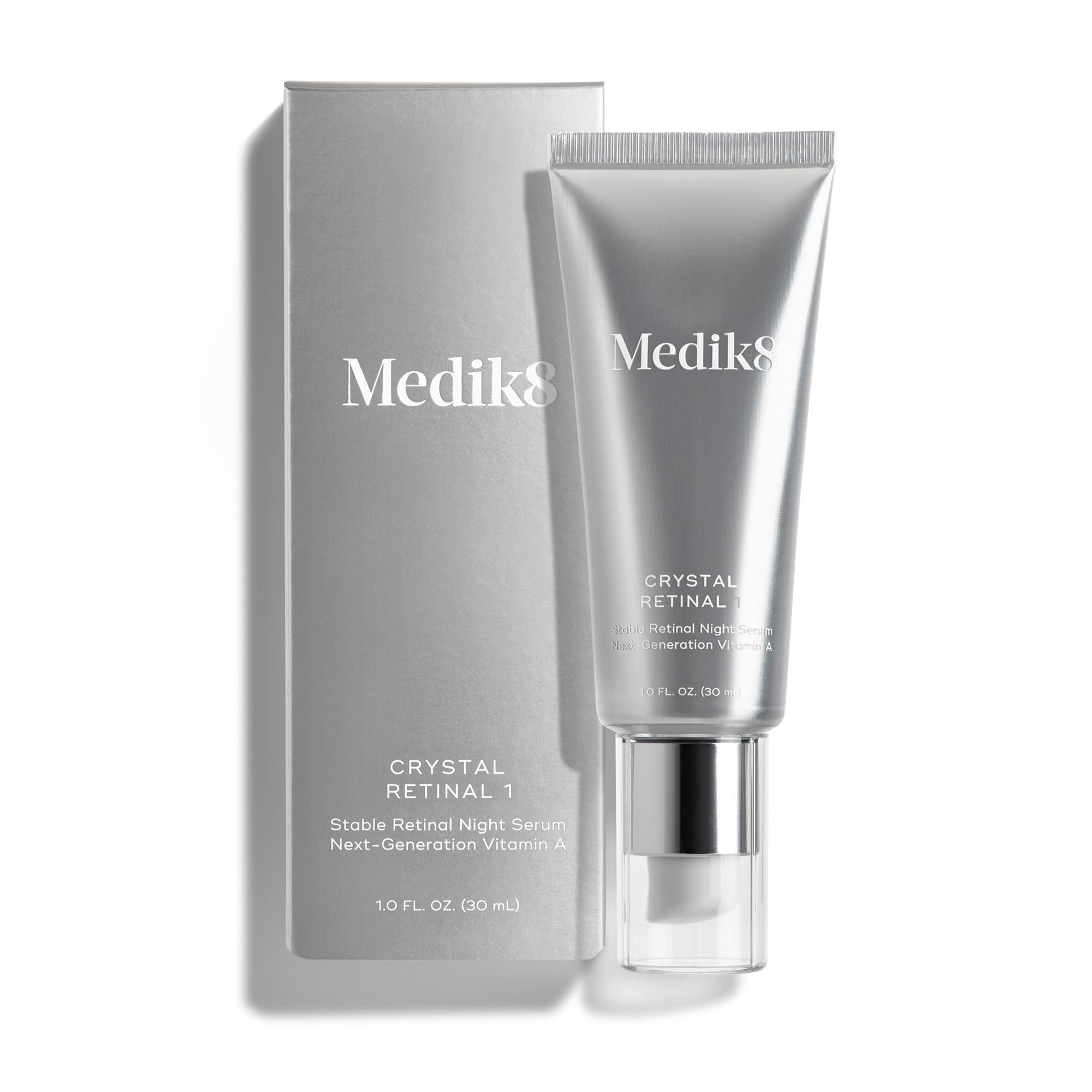 Medik8 Crystal Retinal 1 bottle closeup, a hydrating night serum for smoother skin.