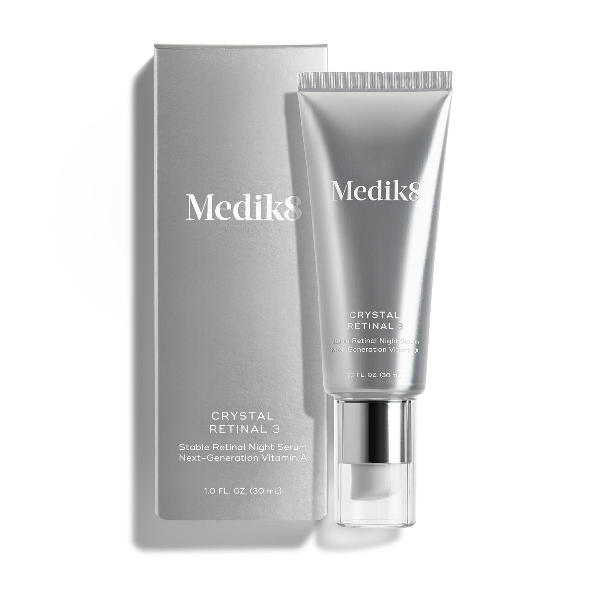 Medik8 Crystal Retinal 3 bottle front, a premium night serum concept for smoother skin