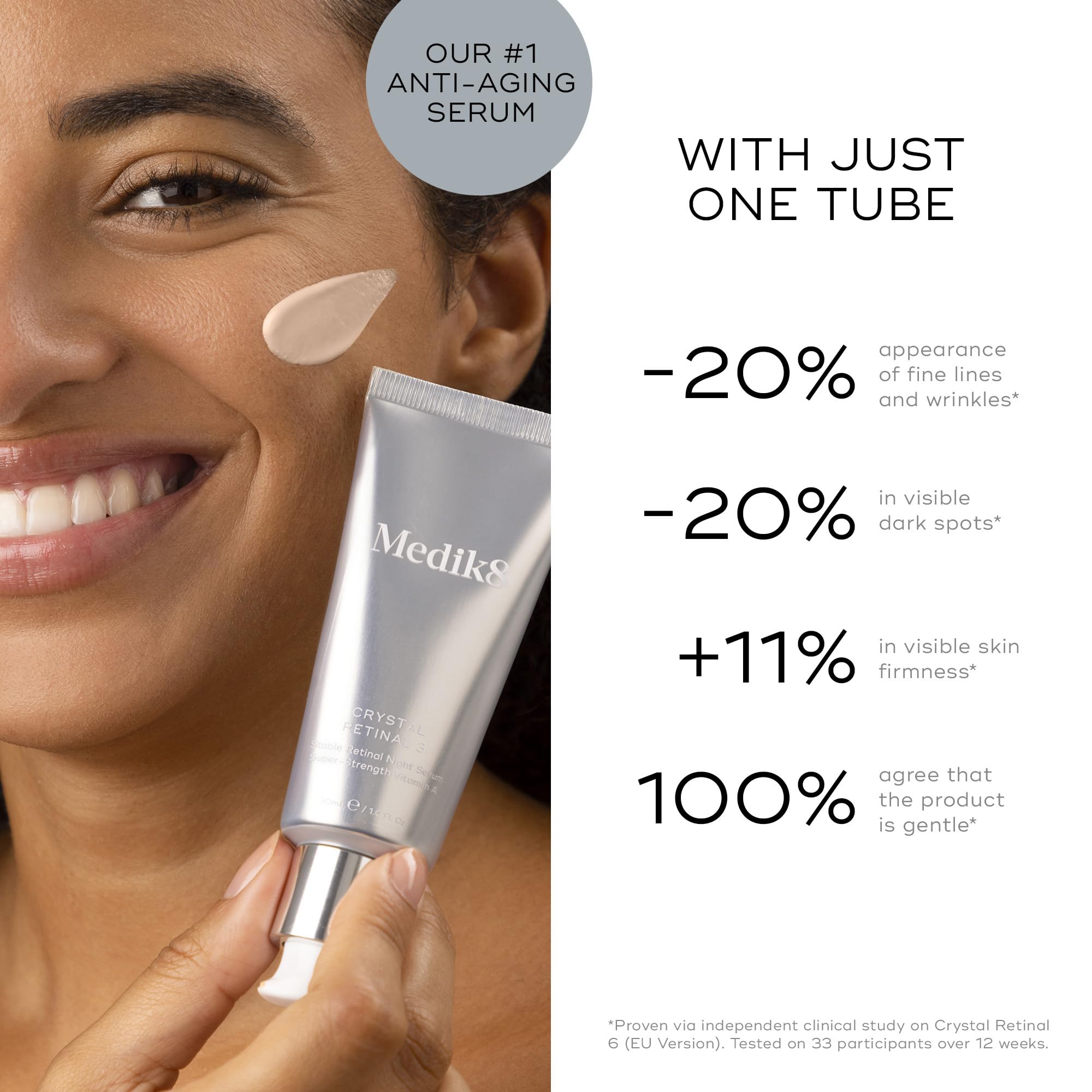 Medik8 Crystal Retinal 3 with hyaluronic acid glow emphasizes deep hydration and plumpness