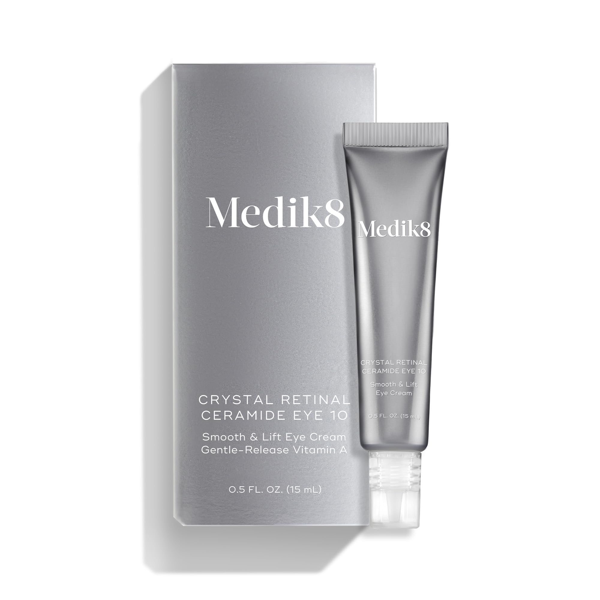 Medik8 Crystal Retinal Ceramide Eye-10 compact bottle on vanity for daily eye care.