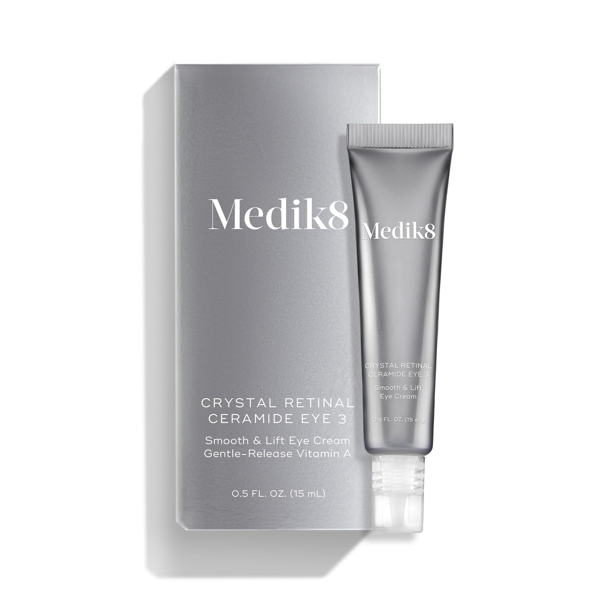 Medik8 Crystal Retinal Ceramide Eye bottle pump indicates controlled dosing for precise application.