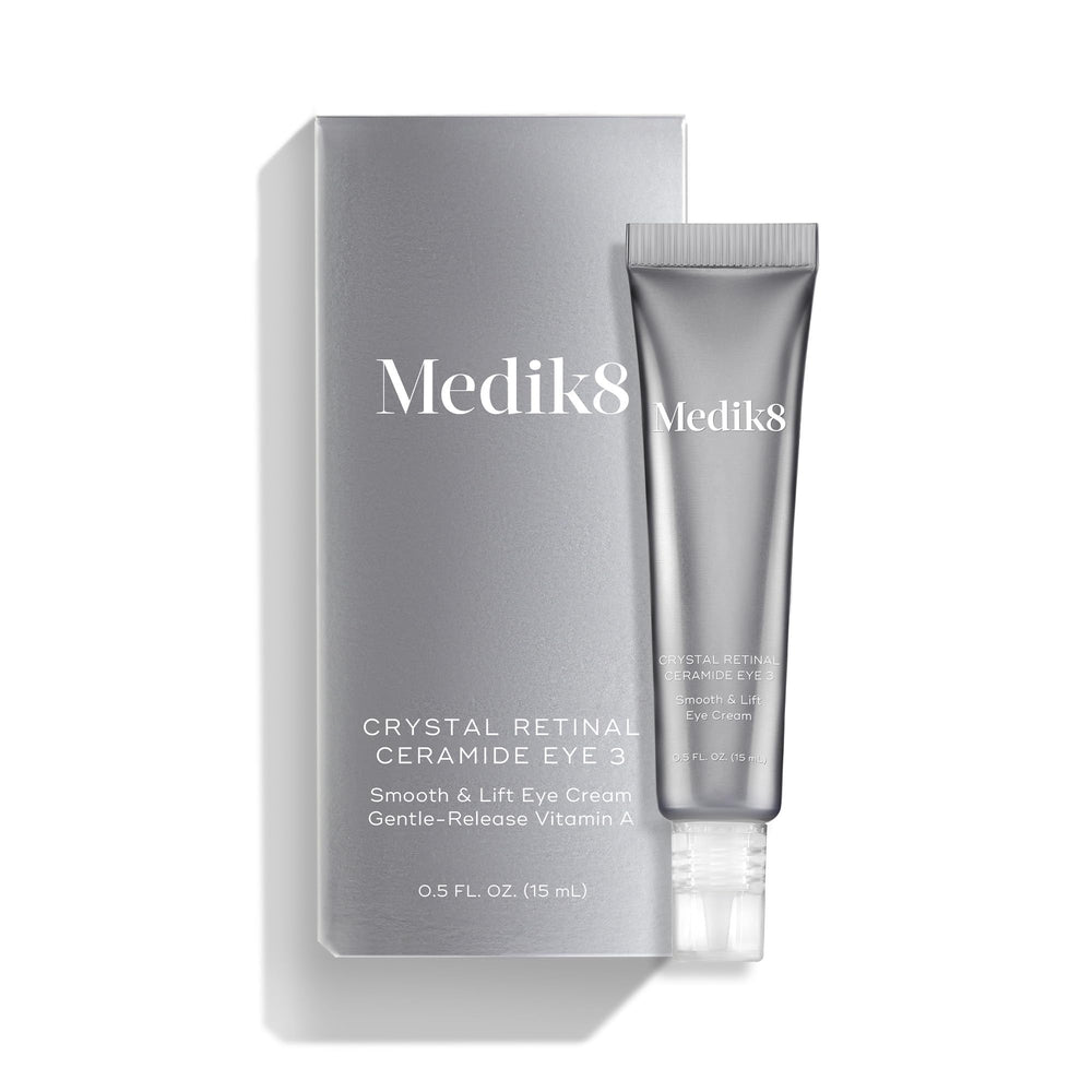 Medik8 Crystal Retinal Ceramide Eye bottle pump indicates controlled dosing for precise application.