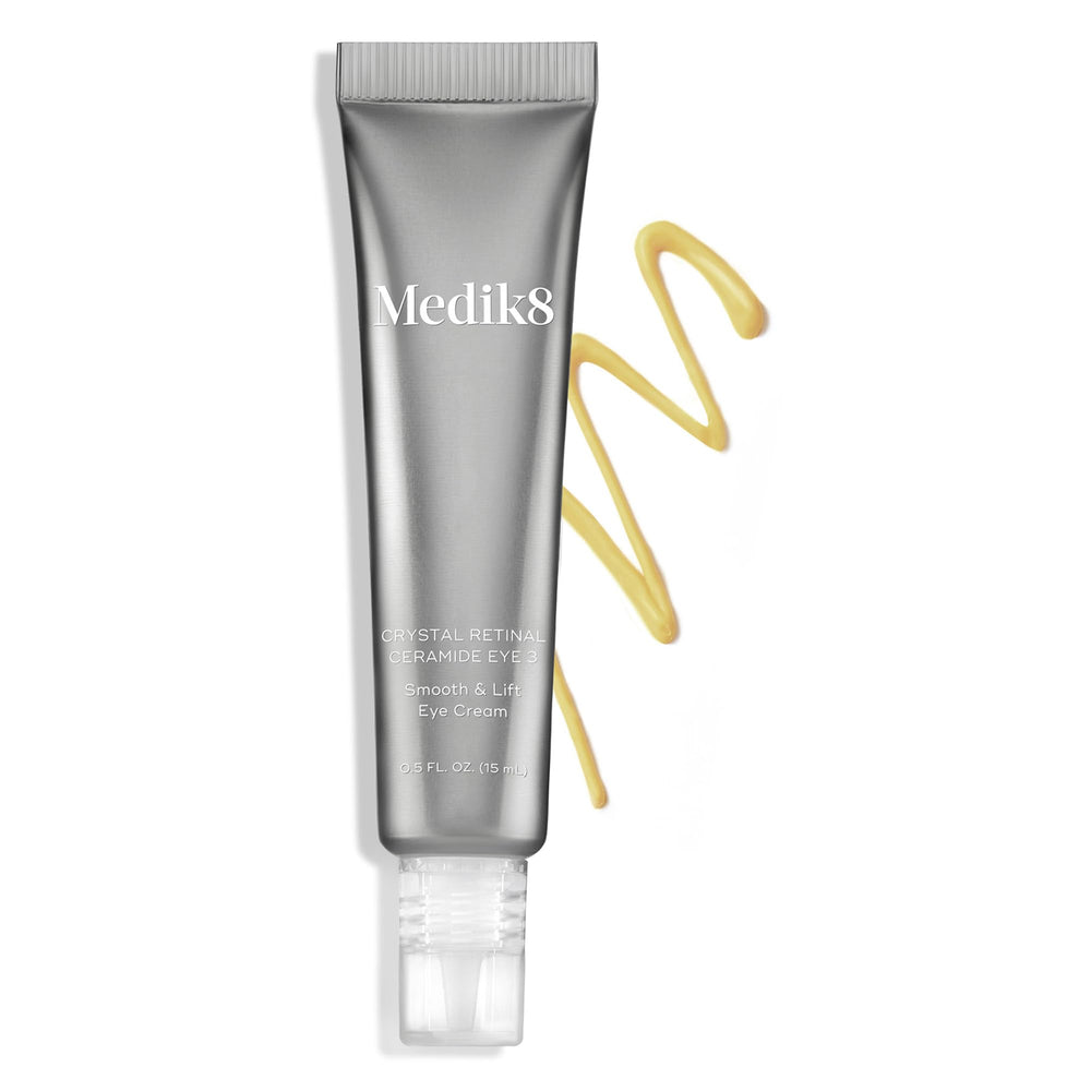 Medik8 Crystal Retinal Ceramide Eye packaging communicates tested safety for sensitive skin.