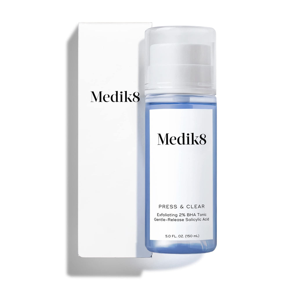 Medik8 Press and Clear toner bottle front with a clarifying formula for balanced skin