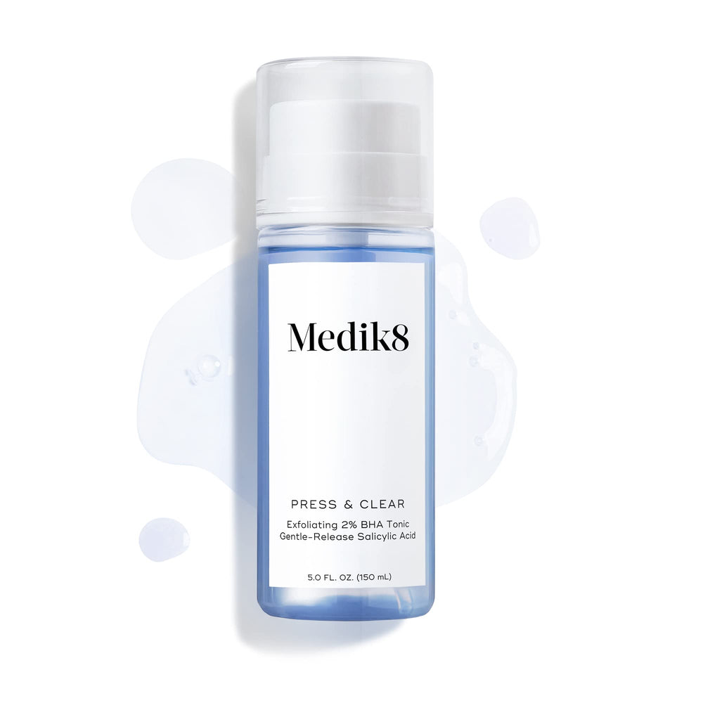 Medik8 Press and Clear tonic pouring bottle demonstrating easy daily use