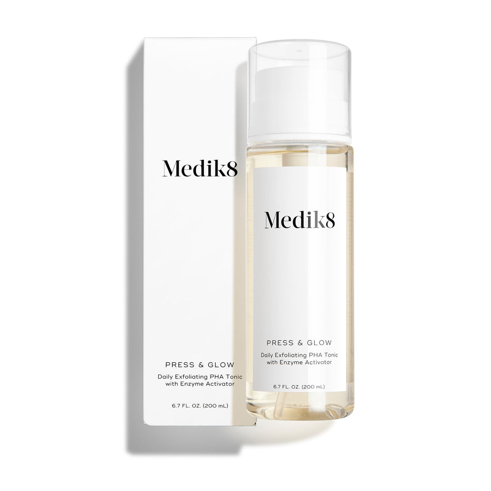 Medik8 Press and Glow toner bottle ready for gentle exfoliation and hydration.