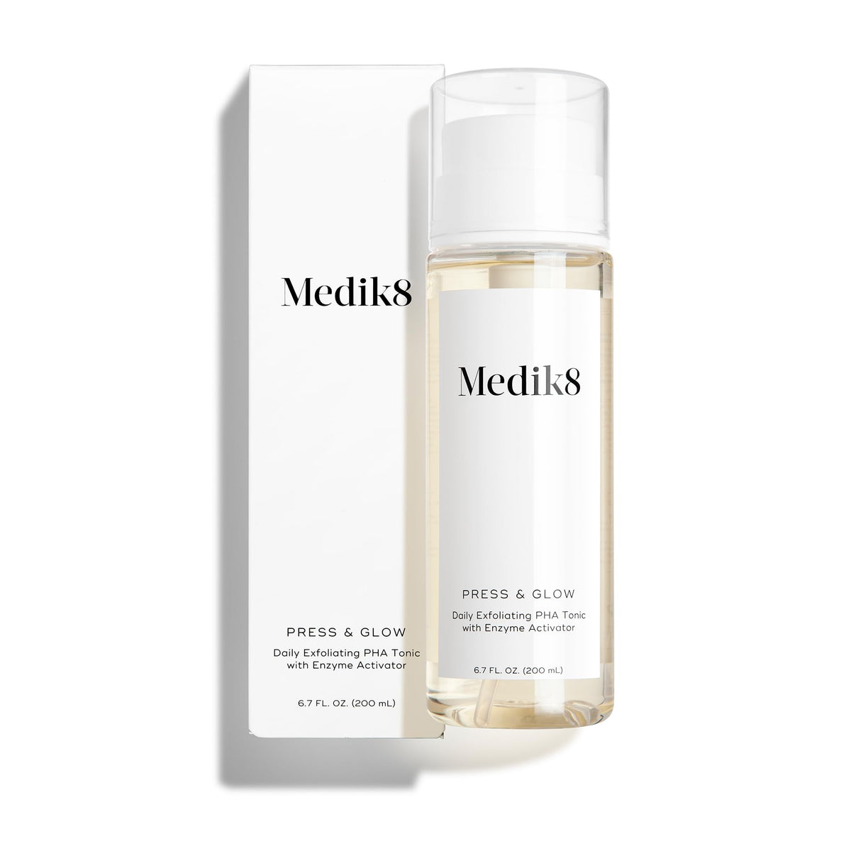 Medik8 Press and Glow toner bottle ready for gentle exfoliation and hydration.