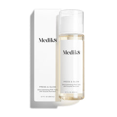 Medik8 Press and Glow toner bottle ready for gentle exfoliation and hydration.