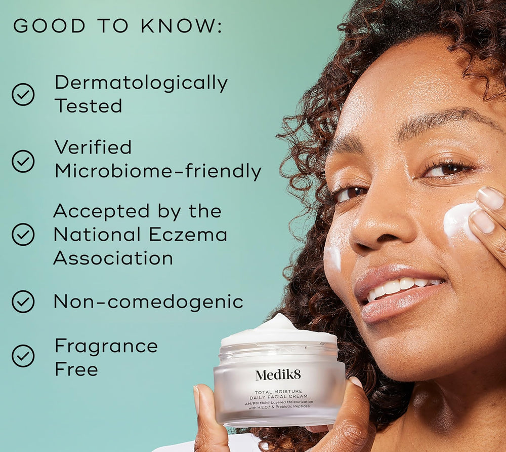 Medik8 Total Moisture texture close-up shows cushion-soft, hydrated skin after application.