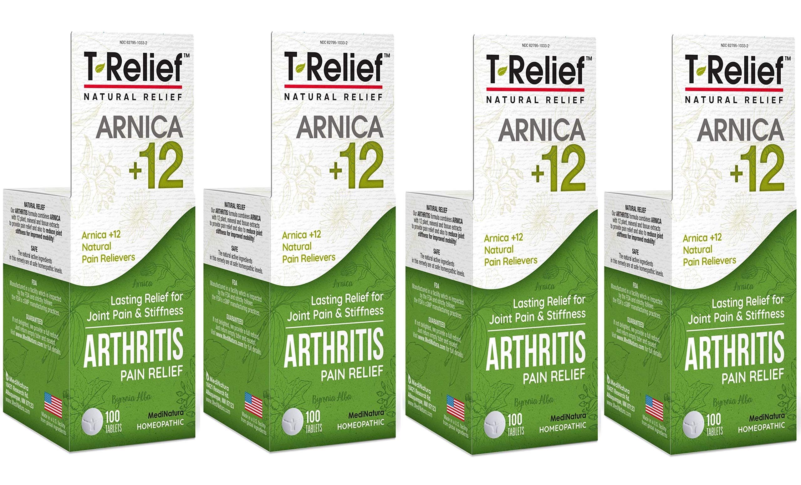 MediNatura T-Relief arthritis tablets bottle highlighting natural relief potential.