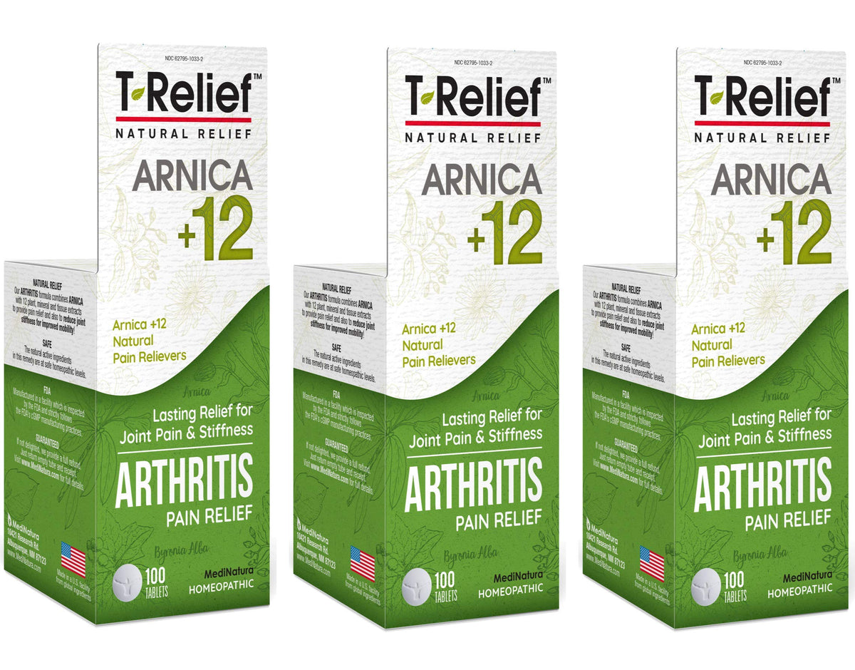 MediNatura T-Relief bottle front showing quick-acting arthritis relief potential.
