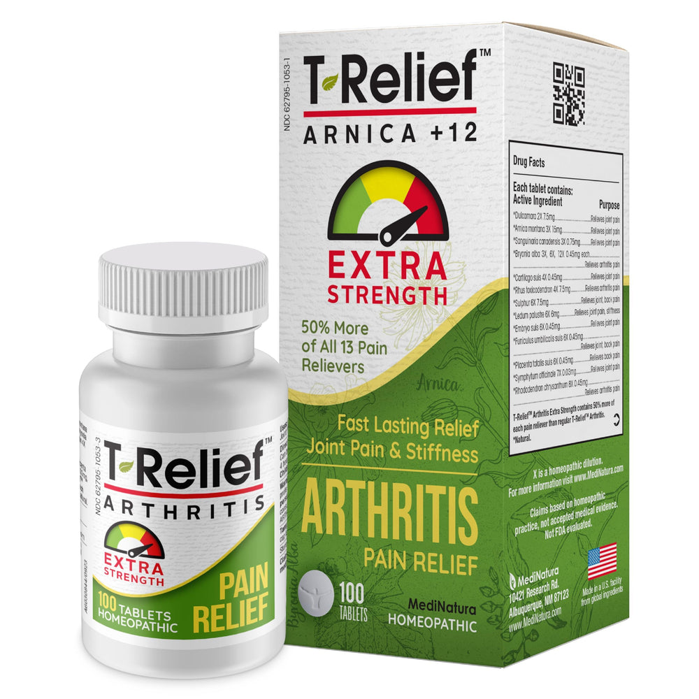 MediNatura T-Relief bottle shown for quick joint support.