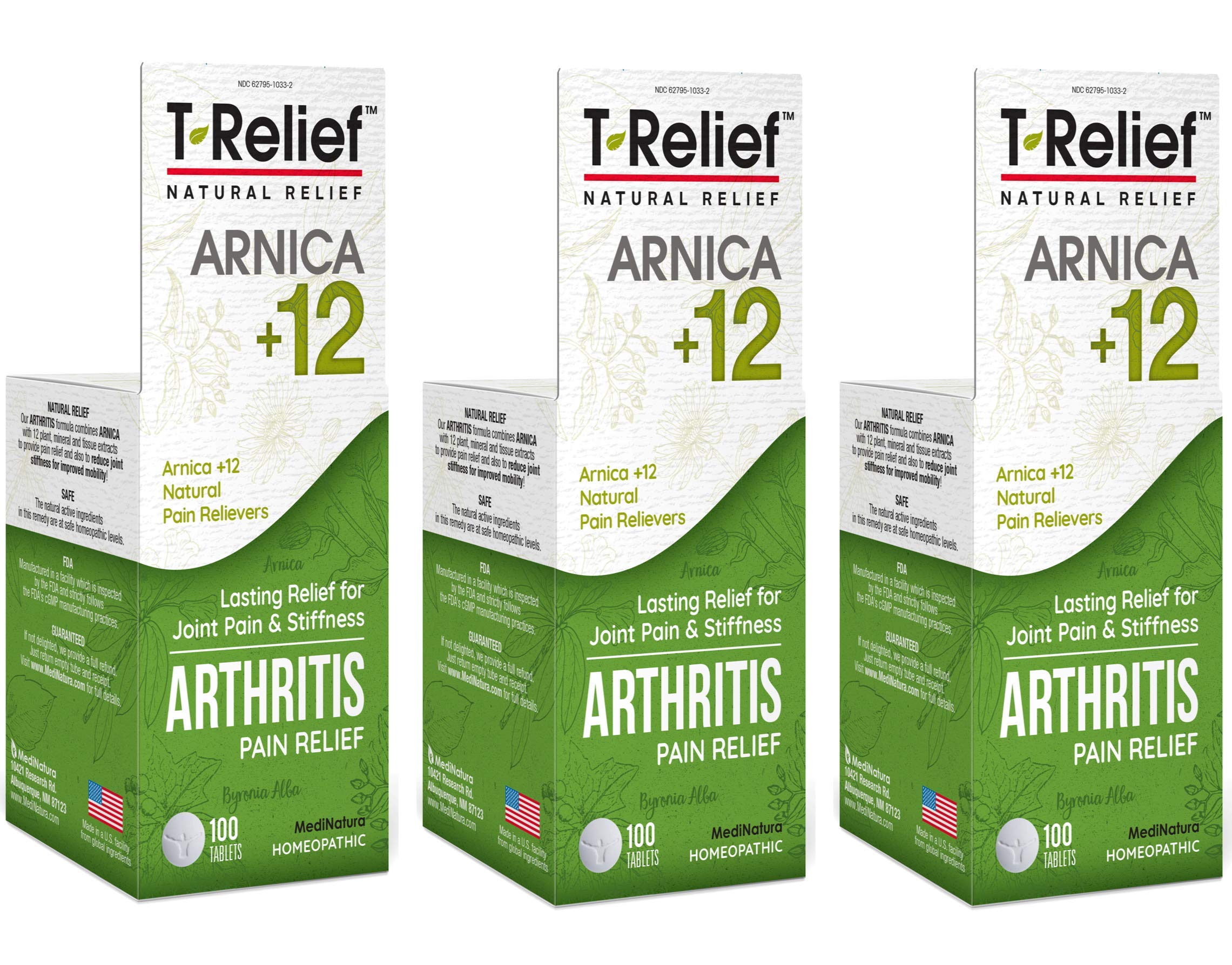 MediNatura T-Relief pack front view promotes joint support and triple-pack convenience