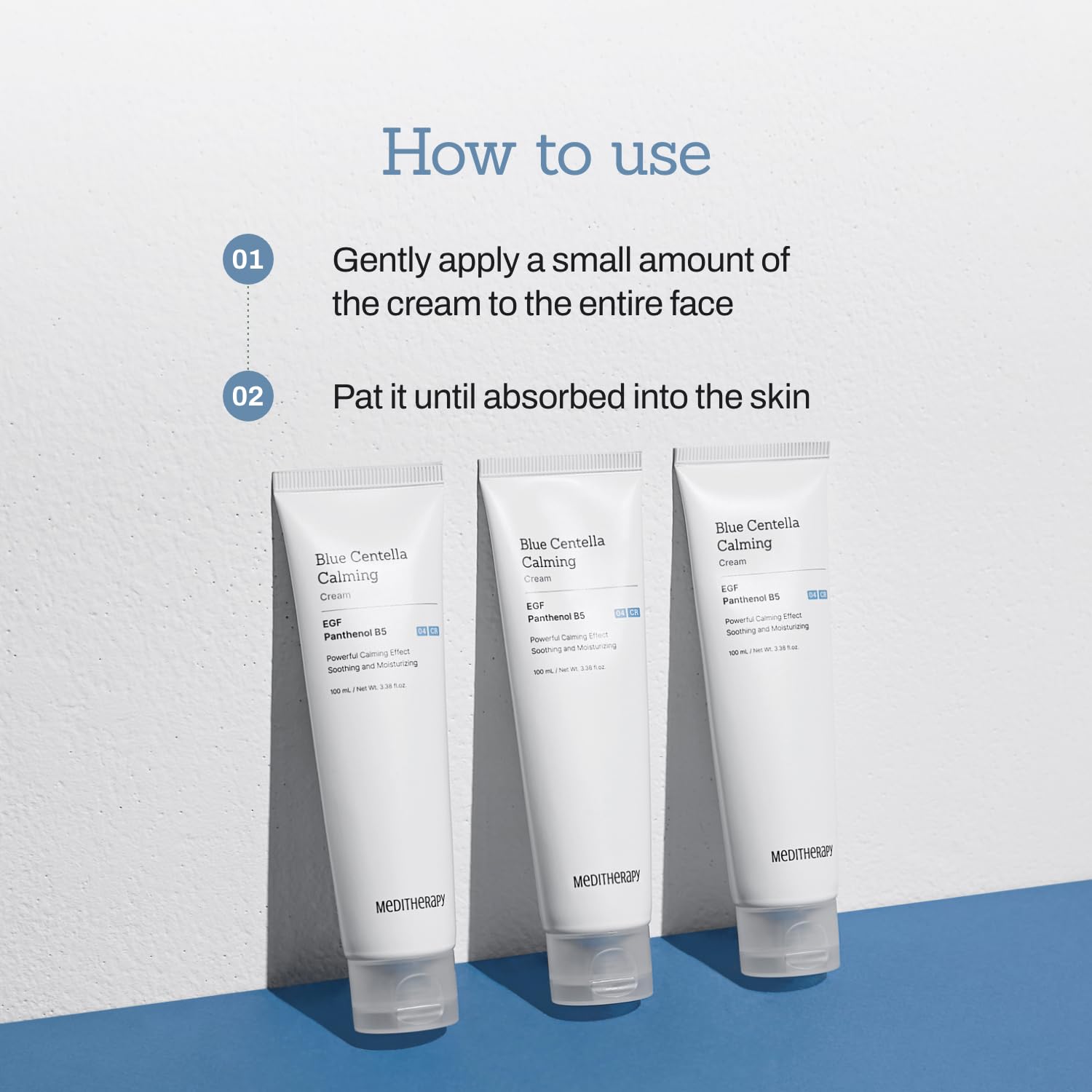 MEDITHERAPY Blue Centella Calming Cream texture shot shows a non-greasy finish