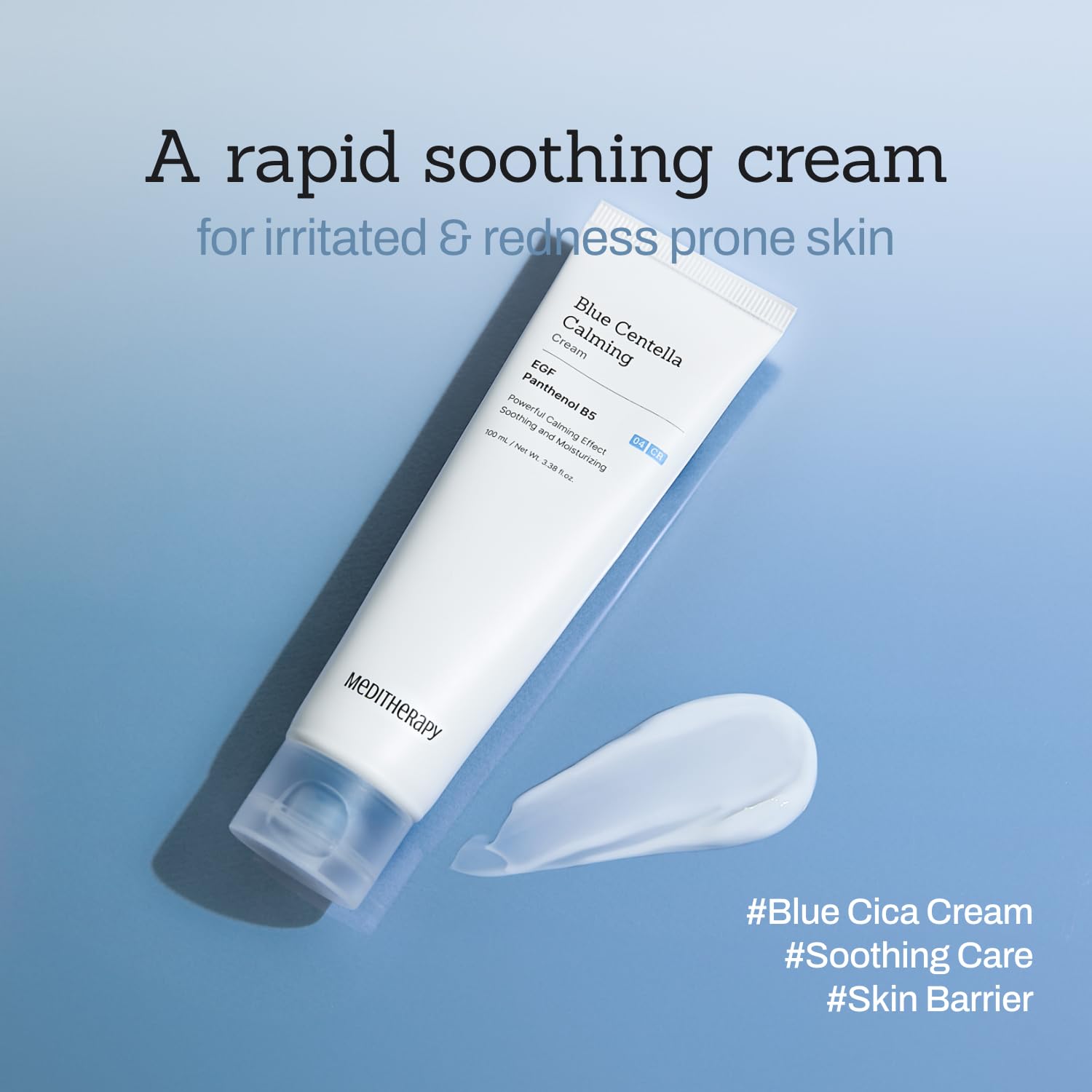 MEDITHERAPY Blue Centella Calming Cream tube highlights fast relief for redness-prone skin