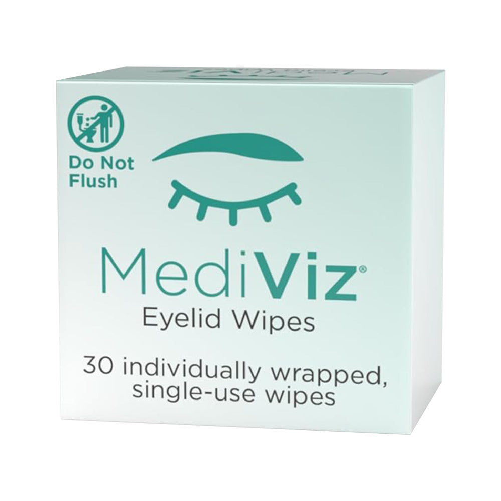 MEDIVIZ Eyelid Cleanser Wipes packaging shows travel-friendly tube for on-the-go cleansing