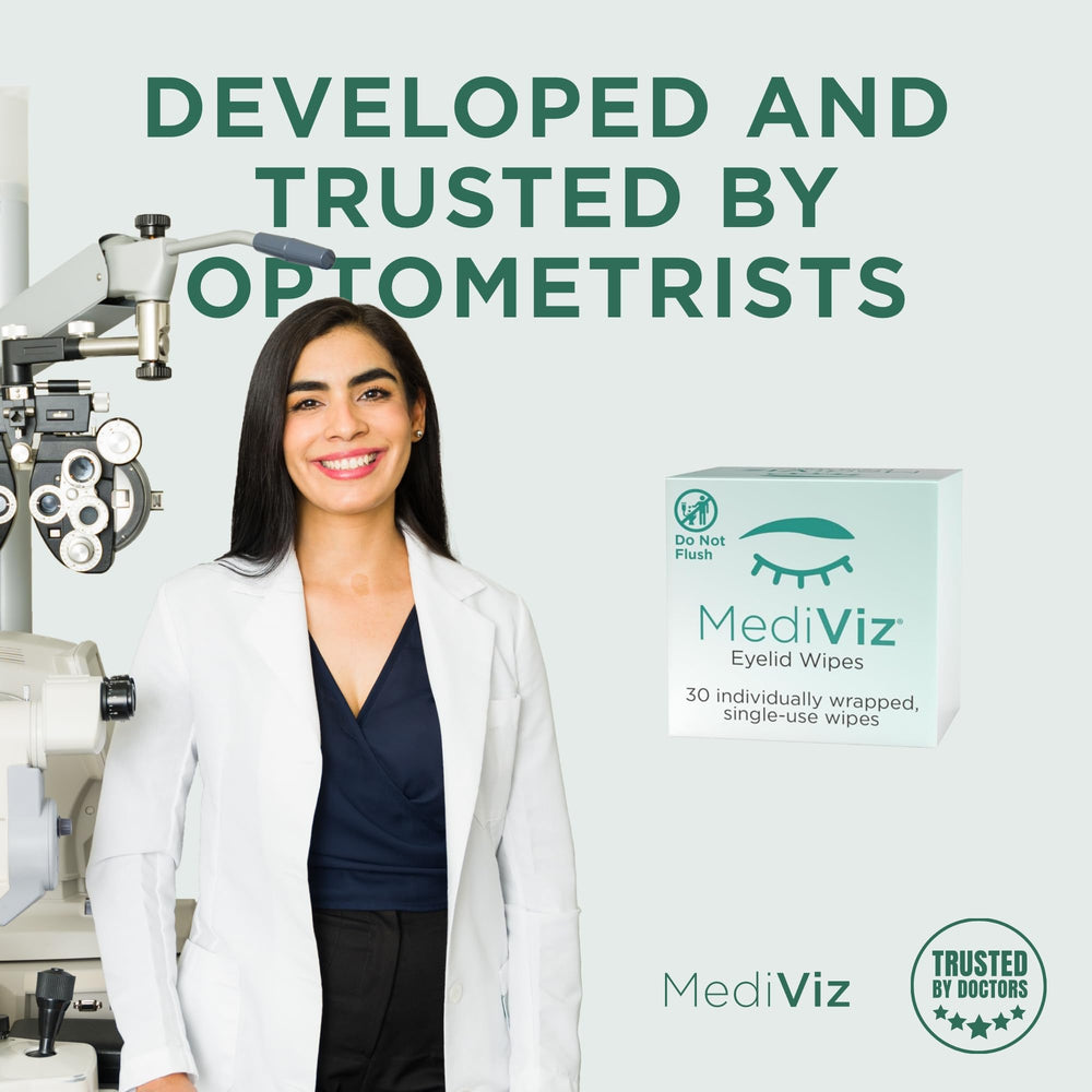 MEDIVIZ Eyelid Cleanser Wipes shown with PVG doctor endorsement