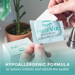 MEDIVIZ Eyelid Cleanser Wipes being gently applied to the eyelids